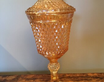 Carnival Glass Apothecary Candy Dish/Amber color carnival glass dish/vintage amber glass candy dish/vintage candy dish with lid/candy dish