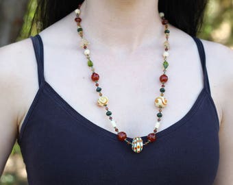 Citrine, Carnelian, and Czech Glass Beaded Necklace - FJ 83
