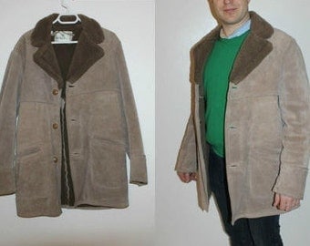 Men's Suede Shearling Coat 90s Made in England Handmade Sherpa Jacket Winter Leather Brown Faux Fur Overcoat Outerwear Jacket size Larg