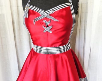 Apron, Red and Black Apron, Lace-up Apron, Strip Apron, Halter Apron