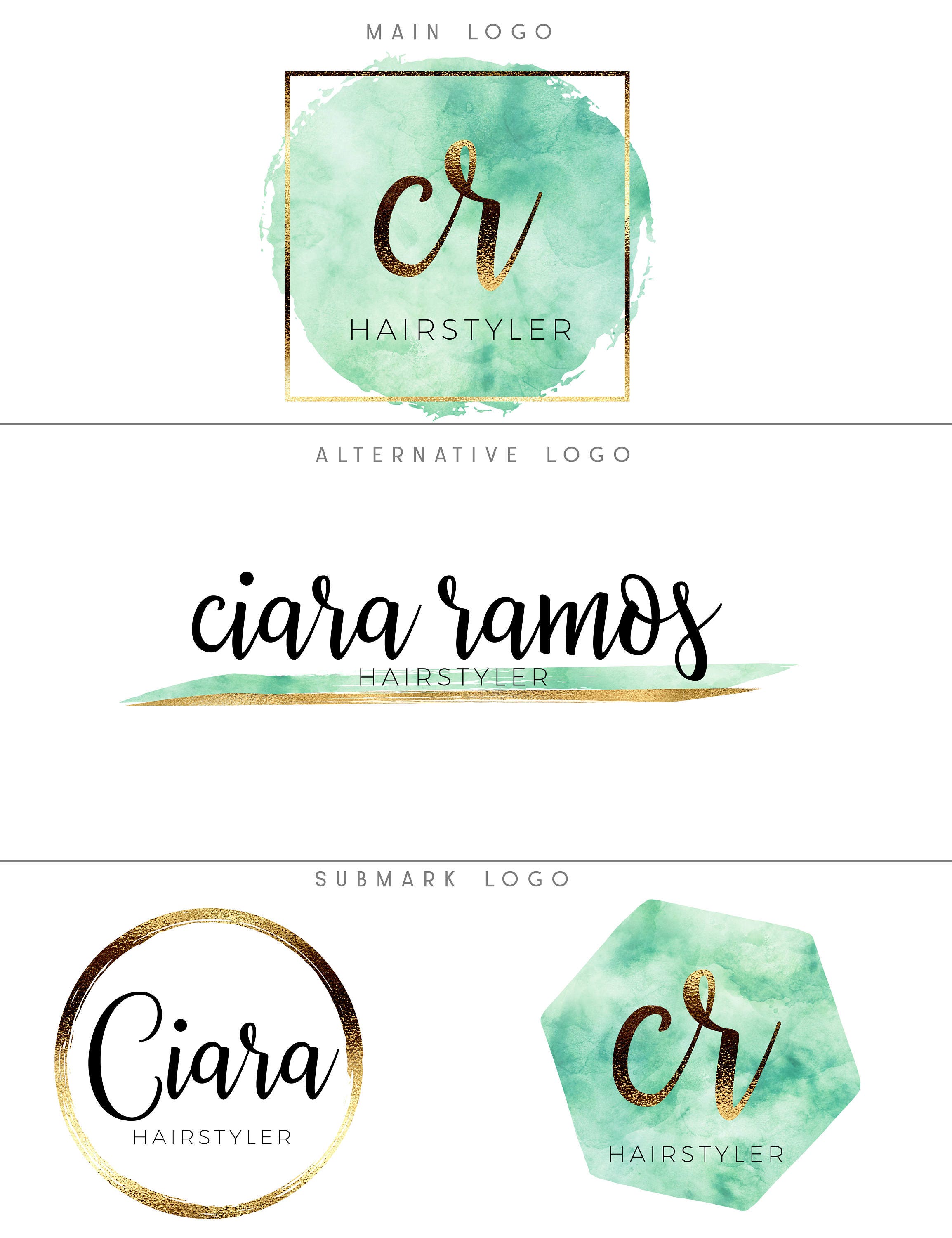Mint green logo design Watercolor logo branding package Mint