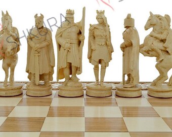 Wooden chess pieces "Knights" Exclusive handmade big large wood chess pieces unique gift for husband father friend. Carved wood chess pieces