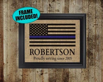 Framed Burlap Police Officer Gift - Proudly Serving Since - Police Officer Decor - Policeman Gifts - Thin Blue Line Flag - Gifts For Cops