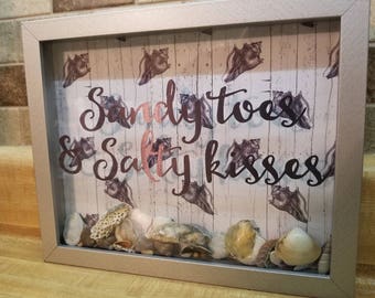 Sandy Toes & Salty Kisses, Shadow Box with Sea Shells. Beach Sign.
