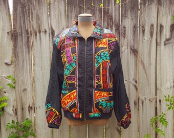 Vintage windbreaker / 80s windbreaker / rainbow wind breaker / colorful jacket / artsy zip up jacket / funky clothing / XL