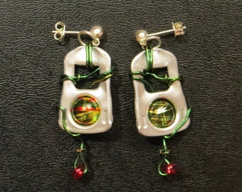 Upcycled Pop Tab Earrings with wire wrapping and painted beads