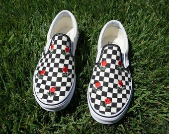Checkered Slip On Vans Mini Rose Embroidery Shoes