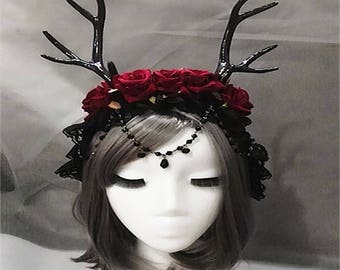 Elk Antlers With Flowers Headband, Deer Antlers Headband With Flowers, Deer Antler Headdress, Antlers, Gothic, Cosplay, Horns