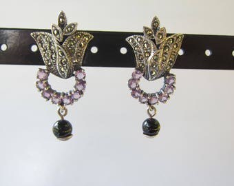 Vintage Sterling Silver Tulip Shape Drop Earrings With Marcasites and Amethyst Stones 1784