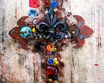 Wall Crosses For Cross Wall Decor, Decorative Wall Cross, Fleur de lis Cross Decor, Christian Housewarming Gift, Rustic Wall Decor, For Her