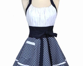 Flirty Chic Apron - Nautical Navy Blue and White Polka Dot Pinup Womens Vintage Style Retro Kitchen Cooking Apron with Pocket (DP)