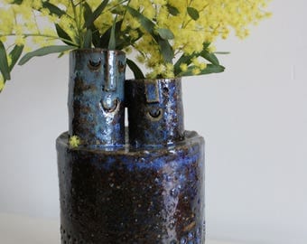 Two headed ceramic stoneware vase