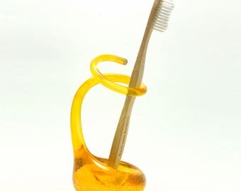 Bright Yellow/Gold Handmade Glass Toothbrush Holder with a silver sheen