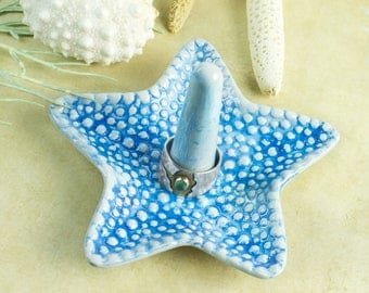 Turquoise Starfish Ring Holder Bowl Ceramic Ring dish handmade pottery Beach wedding favor Decor engagement gift for her under 25