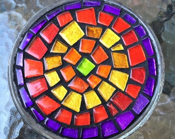 MOSAIC CANDLEHOLDER / TRIVET - 6" Round - Unique, Gorgeous, Multi-Colored Glass Tiles on Glass Base / Ready-to-Ship - Ooak!