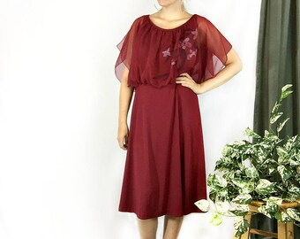 Vintage 1970s Burgundy Wine Disco Sheer Flutter Sleeve Dress size Medium