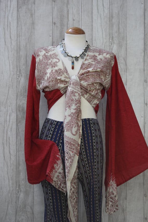 JAPANESE SILK TOP - Bell sleeve crop top- Silk Tie Top- Vintage- Festival Top- Hippie- Retro- 70s- Crop Top- 100% Silk- Couture