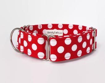 Red Polka Dot Adjustable Dog Collar - Martingale Collar or Side Release Buckle Collar - Minnie Dot - Red with white dots