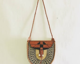 Vintage Woven Leather and Rattan Bag