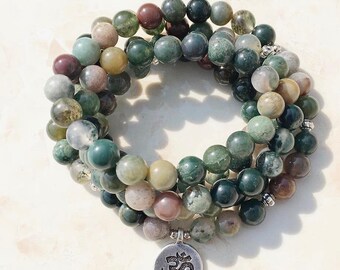 Moss Agate 108 Mala Wrap Bracelet or Necklace, brass OM charm