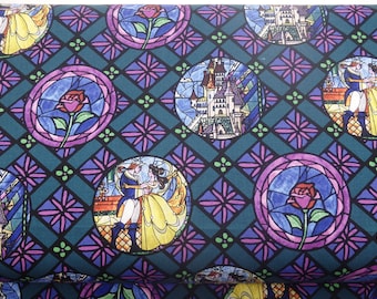 Beauty and the Beast Fabric, Walt Disney Fabrics, Stained Glass Badges, Quilting Cotton, 100% Cotton, by the half yard