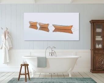 Rowboat Panoramic Canvas, Yellow Wooden Boat Photography, Classic New England Art, Upscale Nautical Home Decor, Large Rowboats Canvas Print