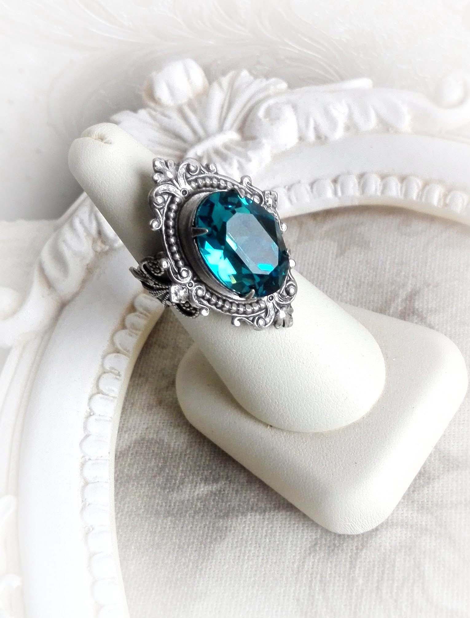 Ocean blue Swarovski crystal cocktail ring gothic bridal