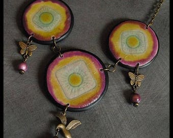 Birds and butterflies in bronze and multicolored polymer necklace