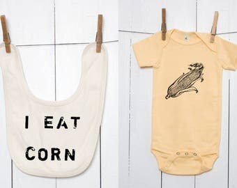 Organic Infant One Piece Infant and Bib Set - Yellow Baby Bodysuit and Natural Bib - I Eat Corn - Vegetarian Vegan Veggie Vegetable Babies