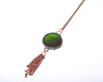 boho tassel necklace, statement glass pendant, gift idea for women, large pendant, summer jewelry, oxidized copper necklace