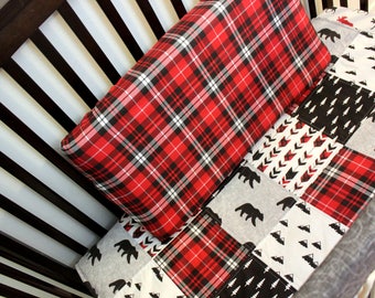 Lumberjack Baby Quilt & Fitted Sheet, Baby Boy Crib Set, Red Black Grey Crib Bedding, Boy Bedding, Woodland Bed Set, Bear Theme Nursery