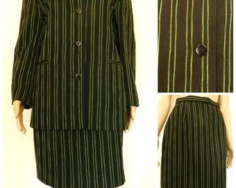 80s WOOL blend ladies 2 piece stripey suit jacket + pencil skirt black + green U.K. 12 14 SM