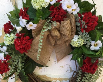 SALE- Summer Wreath, Red Geranium Wreath, Front Door Wreath, Spring Wreath, Etsy Wreath