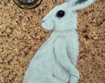 The White Rabbit and Pocket watch - Alice in Wonderland Illustration Archival Art Print