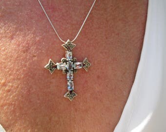 Ornate Topaz, Marcasite and Sterling Silver Cross Pendant Necklace