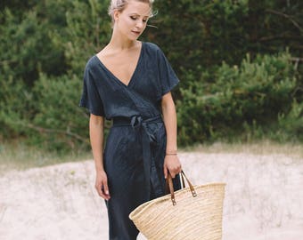 Loose wrap linen dress / Maternity linen dress / Linen dress / Graphite grey linen dress / #31A