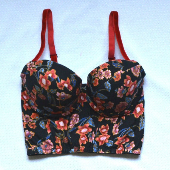 Floral long bra . Red Velvet . Plus Size Bustier Bra . Black