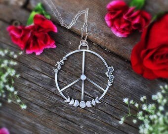 Moon Phases Peace Necklace, Wicca Necklace, Flower Moonstone Necklace, Pagan Jewelry, Festival Jewelry, Peace Sign Jewelry, Goddess Necklace