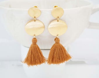 Brown Tassel and Gold Circle Post Earrings