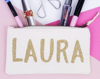 Personalised Makeup Bag - Small Customised Zipper Pouch - Block Lettering - Pencil Case - Natural with Holographic Gold Glitter Name
