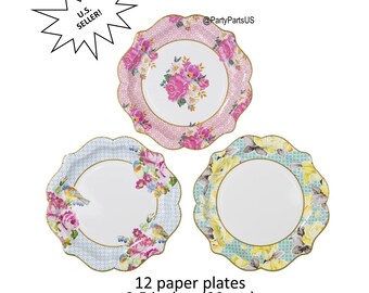 pretty floral paper plates, mixed tea party dishes, bridal shower tableware, baby shower, Sweet 16, womens birthday, romantic, scalloped