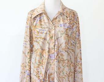 Vintage 70s Tan Beige Floral Button Down Long Sleeve Disco Blouse by Ship and Shore Large