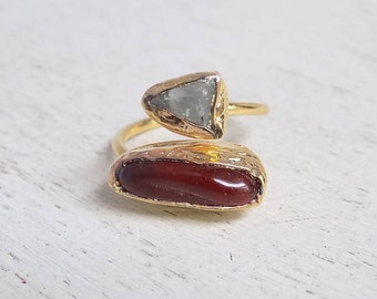 Green Tourmaline Ring, Carnelian Ring, Crystal Ring, Gemstone Ring, Minimalist Ring, Two Stones Ring, Gold Statement Ring Gift For Her D3-31
