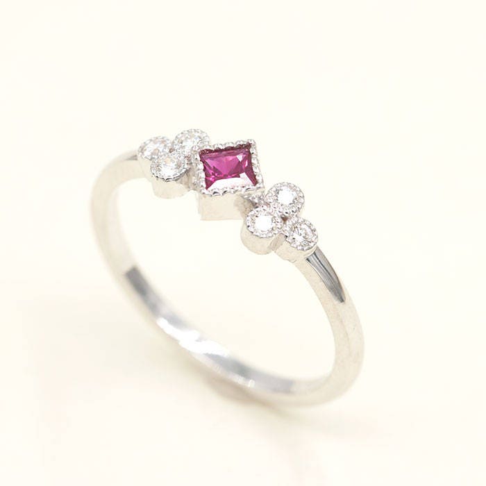 Simple Ruby Engagement Ring.Minimalist 14k White Gold Diamond