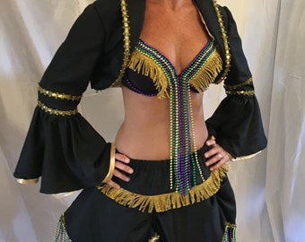 Mardi Gras outfit-bra, jacket, skirt, petticoat, hat-gold,purple,green and black