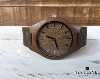 Brown Wooden Watch, Mens Wrist Watch, Leather Wood Watch, Engraved Mens Watch, Wood Watch, Mens Personalized Watch, Wooden Watches for Men