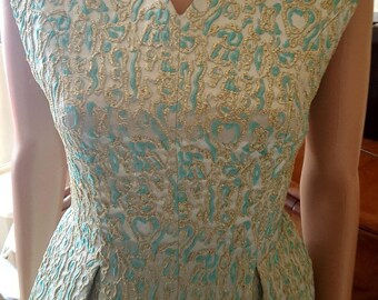 Darling Vintage 1960s Cocktail Dress by Eastex Turquoise and Pale Gold Brocade