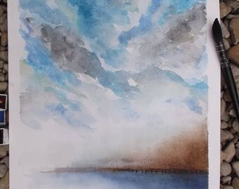 Tableau à l'aquarelle : paysage marin abstrait