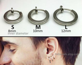 Clip on hoop earring - Silver clip on earring - Men's spring clip on earring - Non pierced earrings for men - 15mm upper ear earring 570