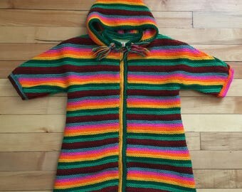 Vintage 1970s Baby Infant Girls Boys Rainbow Stripe Knit Snowsuit Bunting Bag! Size 6 months